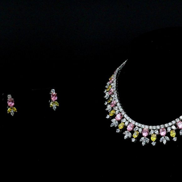NOS Rucinni Rhinestones Jeweled Crystals Yellow Pink Pastel Necklace Set - Picture 9 of 13